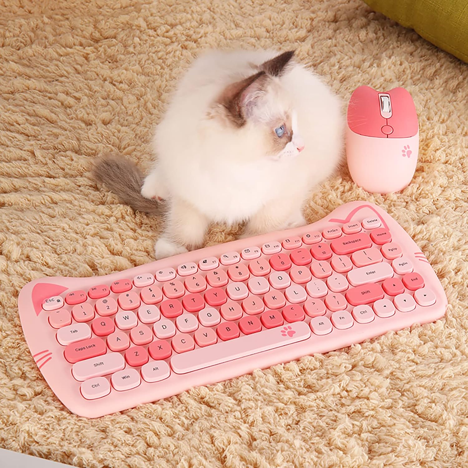 Teclado y mouse inalámbricos Gatito | Teclas silenciosas | 84 teclas | Color: Rosa
