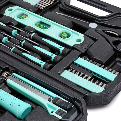 Kit de Herramientas para el Hogar con Maletín – 142 Piezas – Color Turquesa – Ideal para Reparaciones y DIY