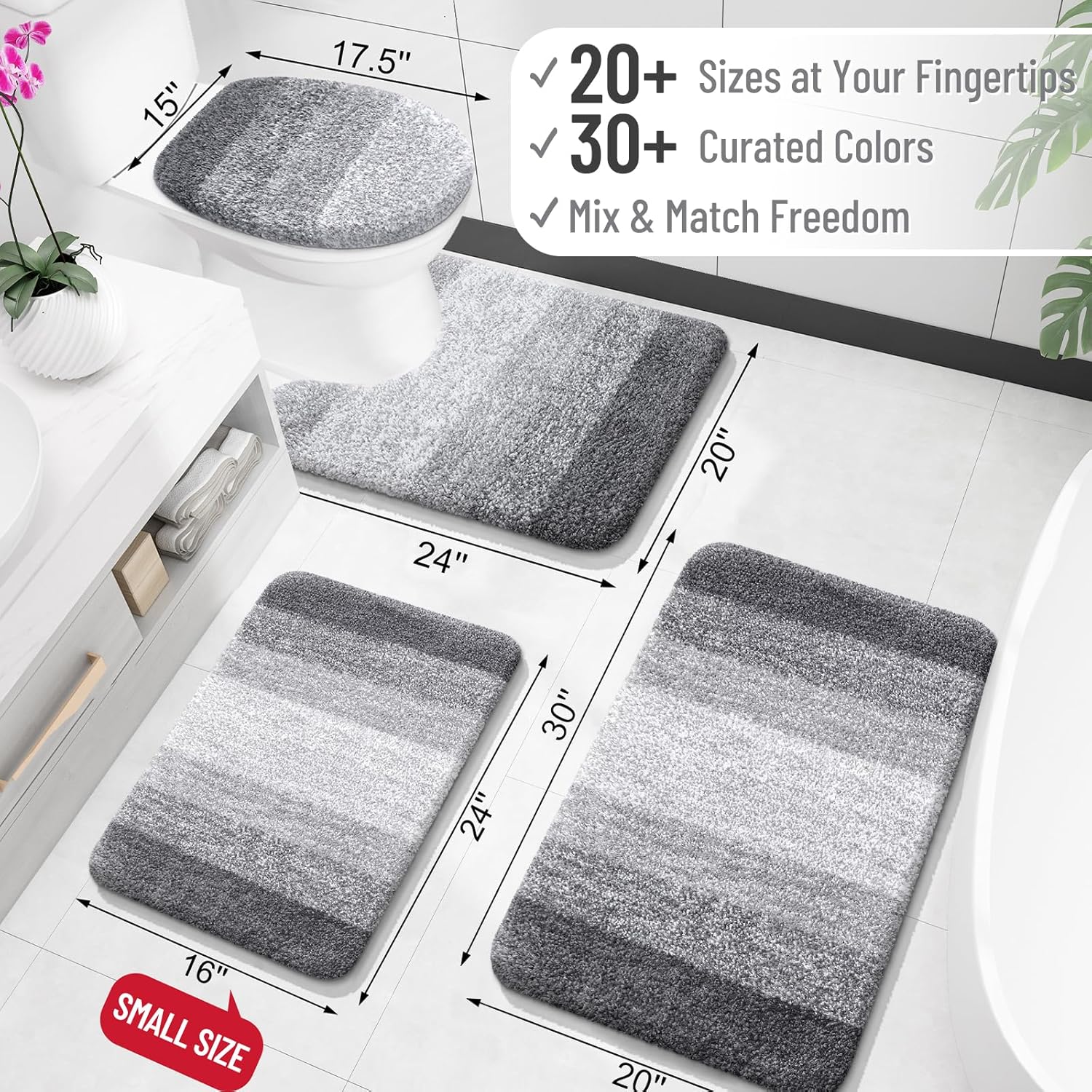 Alfombra de baño de 30 x 20" | Microfibra absorbente extrasuave | Antideslizante | Secado rápido | Baño, bañera, ducha | Color: gris