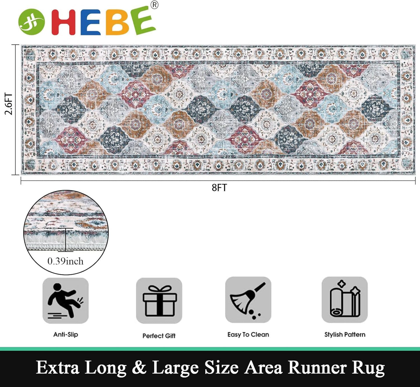 Alfombra de pasillo de 2 pies x 8 pies | Lavable, vintage, antideslizante | Diseño rombos