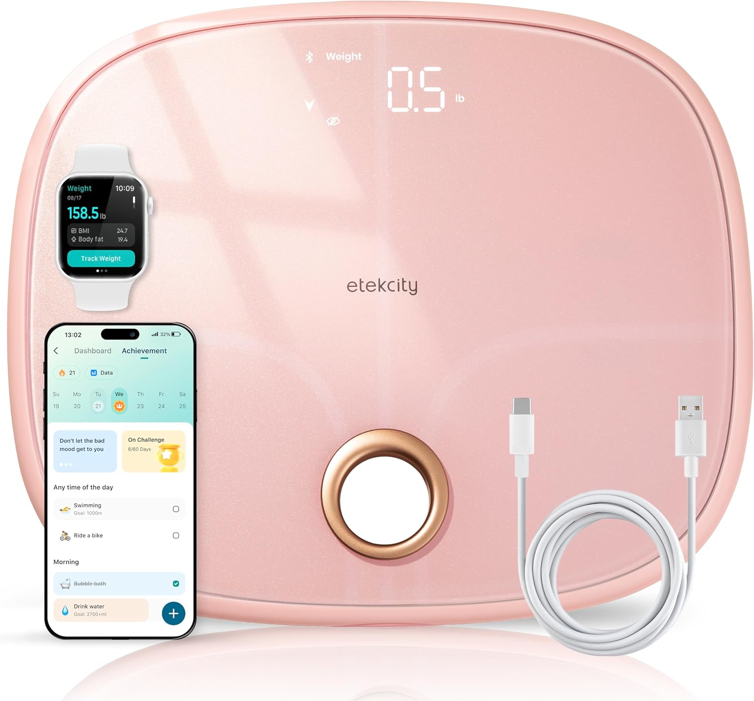 Báscula Inteligente Digital con Bluetooth – Balanza de Baño con BMI, Grasa Corporal, Masa Muscular y 13 Métricas – Compatible con Apple Health, FitBit, Google Fit y Samsung Health – Capacidad 180kg / 400lb