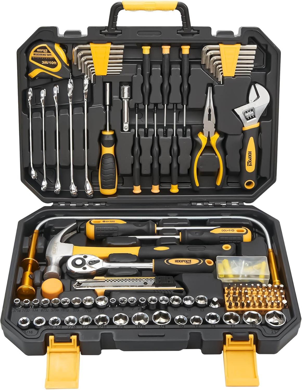 Set de Herramientas 159 Piezas KOOPOOL, Kit Completo con Caja Organizadora Plástica, Herramientas Manuales para Hogar, Auto y Reparaciones Generales