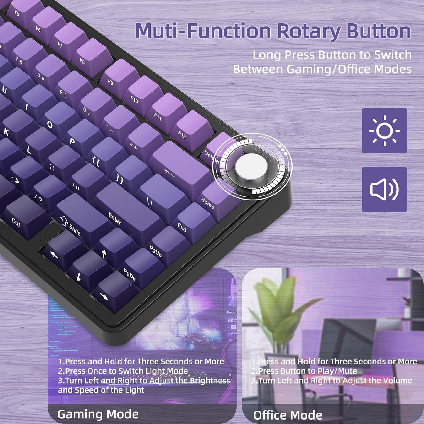 Teclado mecánico inalámbrico para juegos con perilla intercambiable | Color: Violeta
