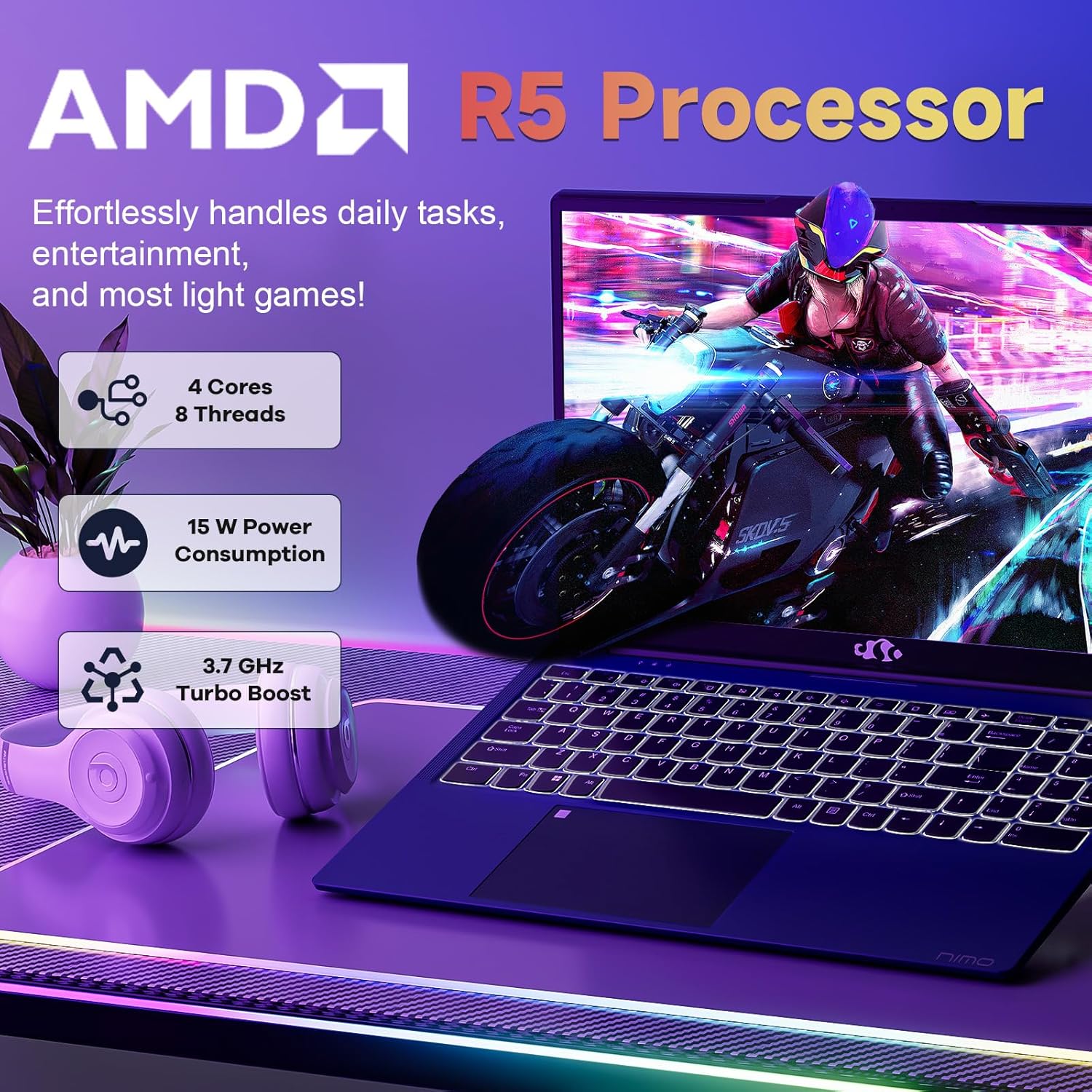 Laptop 15.6" FHD NIMO | AMD Ryzen 5 3500U | 32GB RAM | 1TB SSD | Teclado Retroiluminado | Huella Digital | Cargador Rápido 65W | Windows 11 | 2 Años Garantía