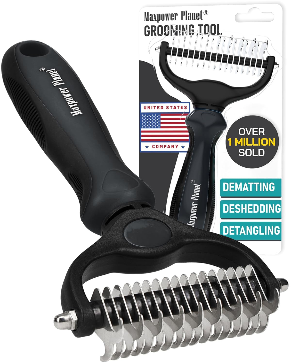 Maxpower Planet Rastrillo de Aseo para Mascotas | Herramienta 2 en 1 Deslanado & Desenredado | Cepillo Profesional para Perros y Gatos de Pelo Largo y Doble Capa – Reduce la Muda hasta un 95%