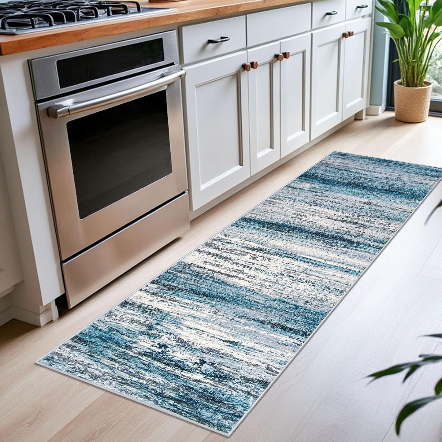 Alfombra de pasillo moderna y lavable | Diseño abstracto | Antideslizante y suave | Estampado a rayas azul