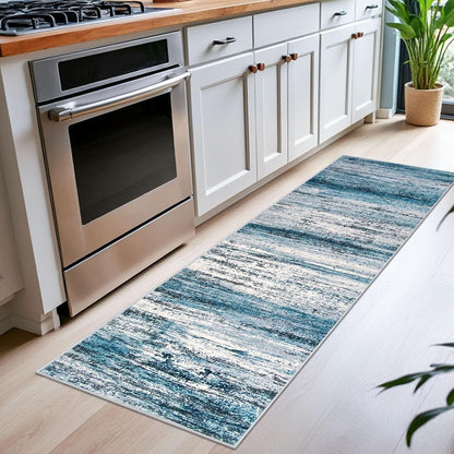 Alfombra de pasillo moderna y lavable | Diseño abstracto | Antideslizante y suave | Estampado a rayas azul