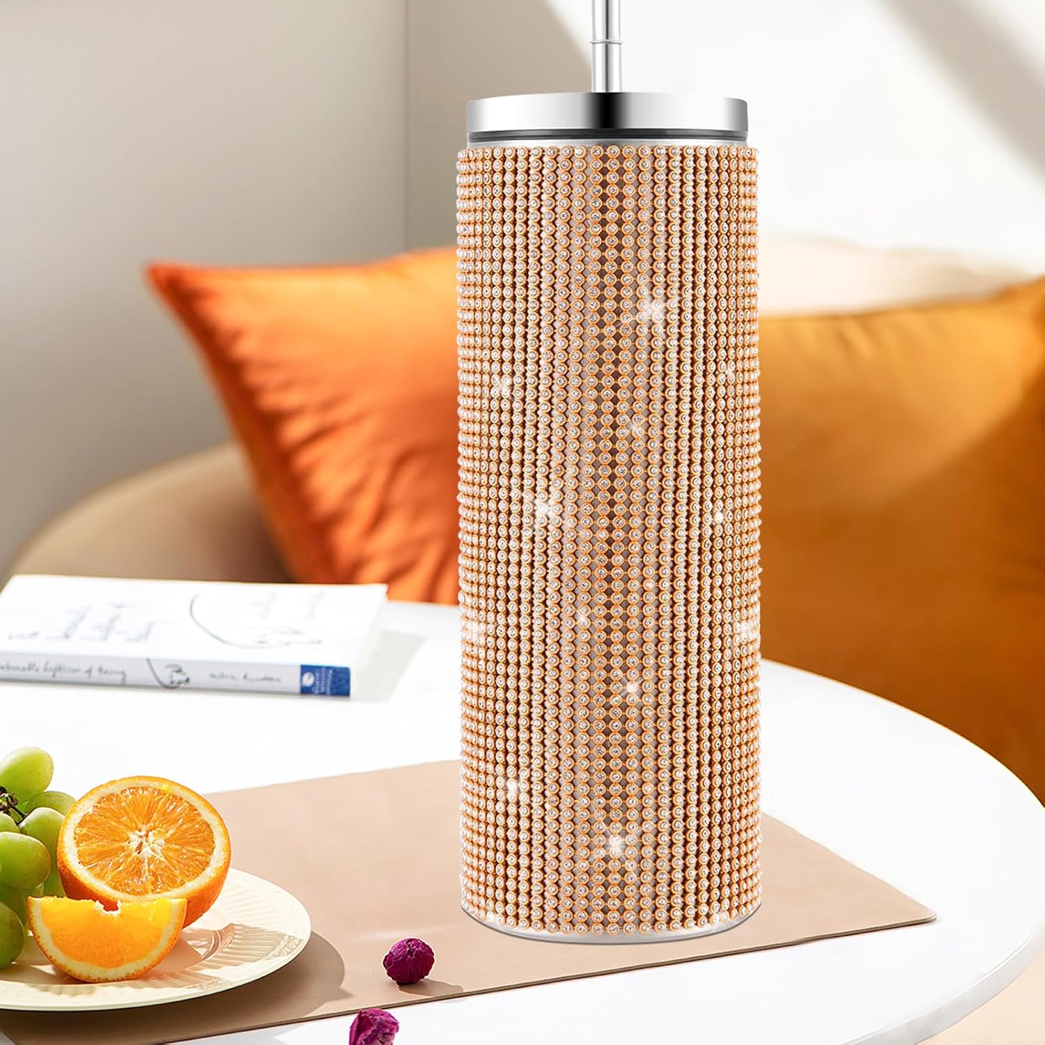 Vaso con sorbete | Diamantes dorados | Acero inoxidable de 591 ml