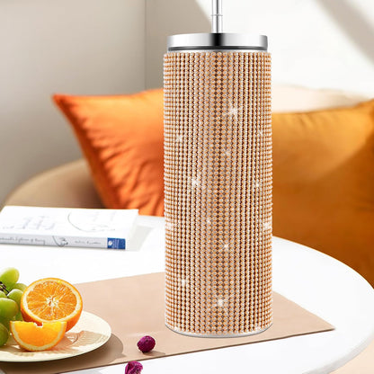 Vaso con sorbete | Diamantes dorados | Acero inoxidable de 591 ml