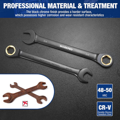 Set de Llaves Combinadas con Carraca WORKPRO 22 Piezas, Métricas (6-18mm) y SAE (1/4"-3/4"), Acero Cromo Vanadio, Dientes Antideslizantes, Estuche Organizador