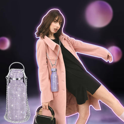 Botella térmica con diamantes de imitación con tapa | 750 ml | Aislado de acero inoxidable con diamantes de imitación de primera calidad | Color: Morado