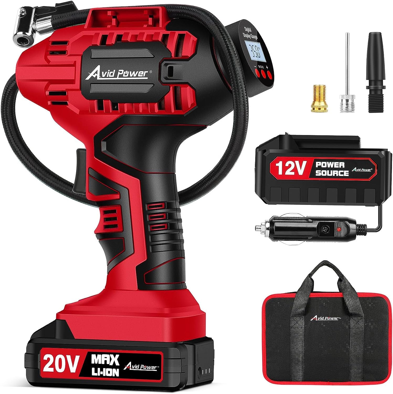 Inflador de Neumáticos Portátil 20V Inalámbrico, Compresor de Aire para Auto con Batería Recargable, Medidor Digital de Presión, Adaptador 12V, Luz LED y Estuche