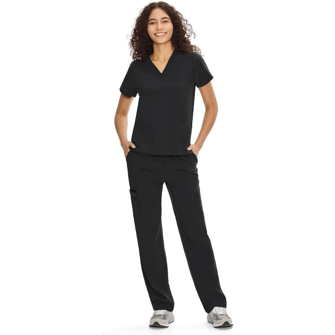 Set Uniforme Médico | Camiseta con Cuello en V y Pantalones de Pierna Recta con Bolsillos | Ropa de Trabajo Unisex | Color: Negro