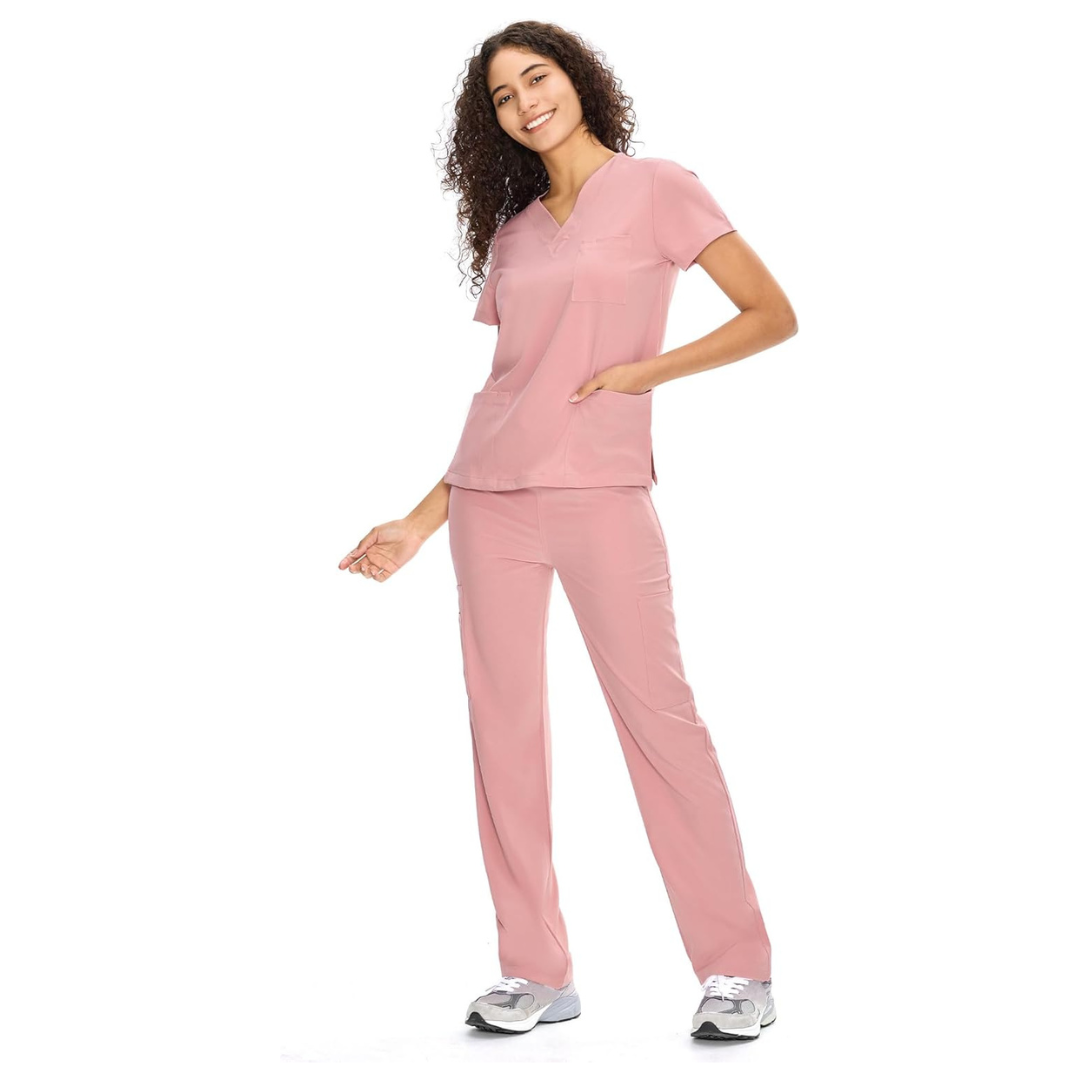 Set Uniforme Médico | Camiseta con Cuello en V y Pantalones de Pierna Recta con Bolsillos | Ropa de Trabajo Unisex | Color: Rosa
