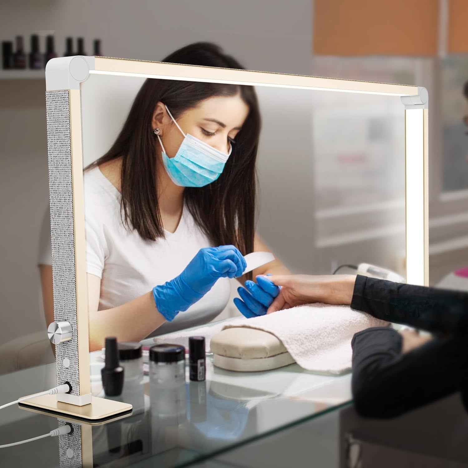 Nail Tech Lamp, 32" 48W LED Light, Lash Eyelash Extension & Makeup Desk Lamp, Color Temp 2700K-6000K, Salon & Home (Crystal-Golden)