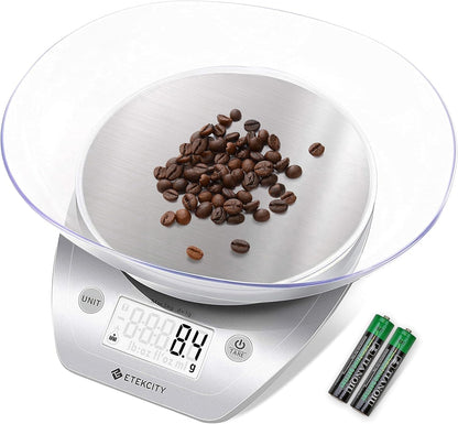Báscula de Cocina Digital Etekcity 0.1g con Bowl – Acero Inoxidable, 11lb/5kg – Gramos y Onzas para Repostería, Cocina, Dieta y Preparación de Comidas
