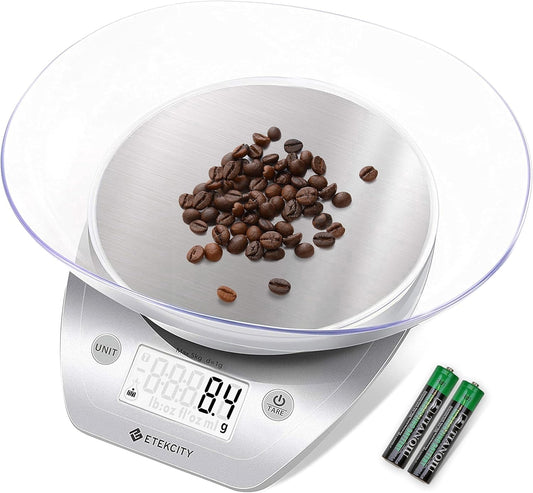 Báscula de Cocina Digital Etekcity 0.1g con Bowl – Acero Inoxidable, 11lb/5kg – Gramos y Onzas para Repostería, Cocina, Dieta y Preparación de Comidas