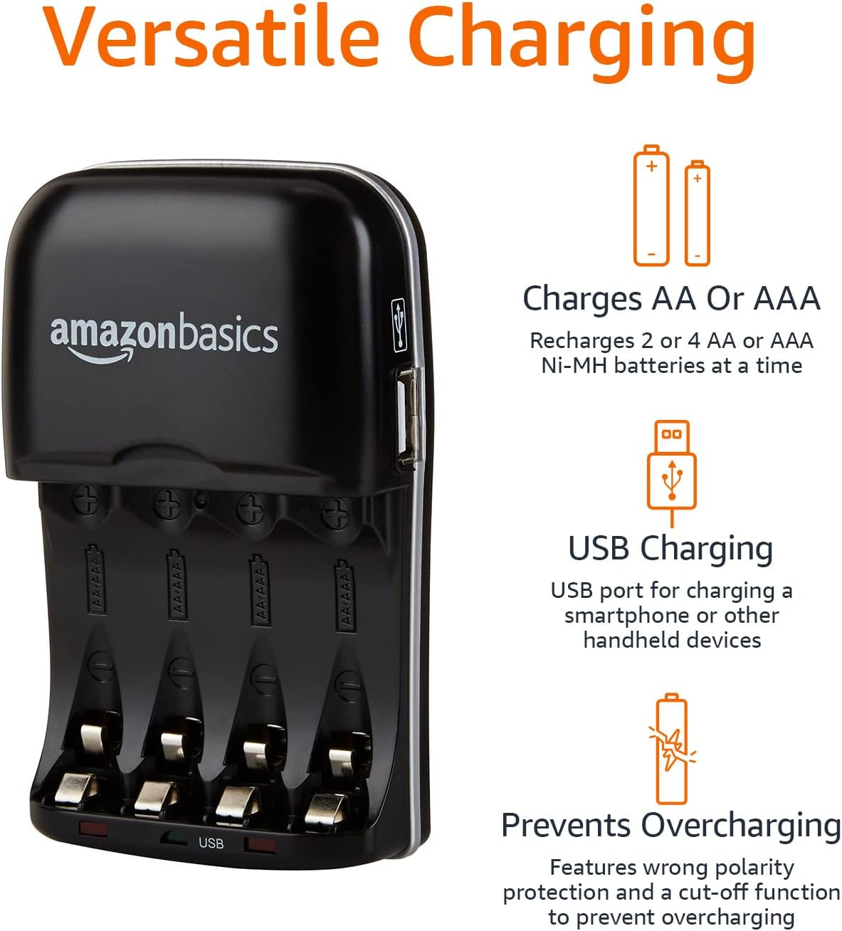 Cargador de Pilas Recargables AA/AAA Ni-MH con Puerto USB – 100–240 V, Enchufe Plegable, Negro