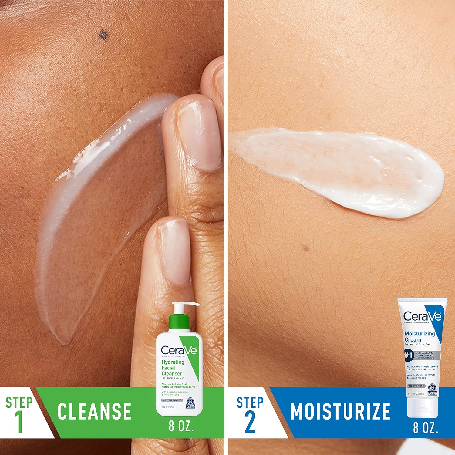 CeraVe Set Hidratante | Crema 8 oz + Limpiador Facial 8 oz – Ácido Hialurónico + 3 Ceramidas | Aprobado por NEA | Sin Fragancia