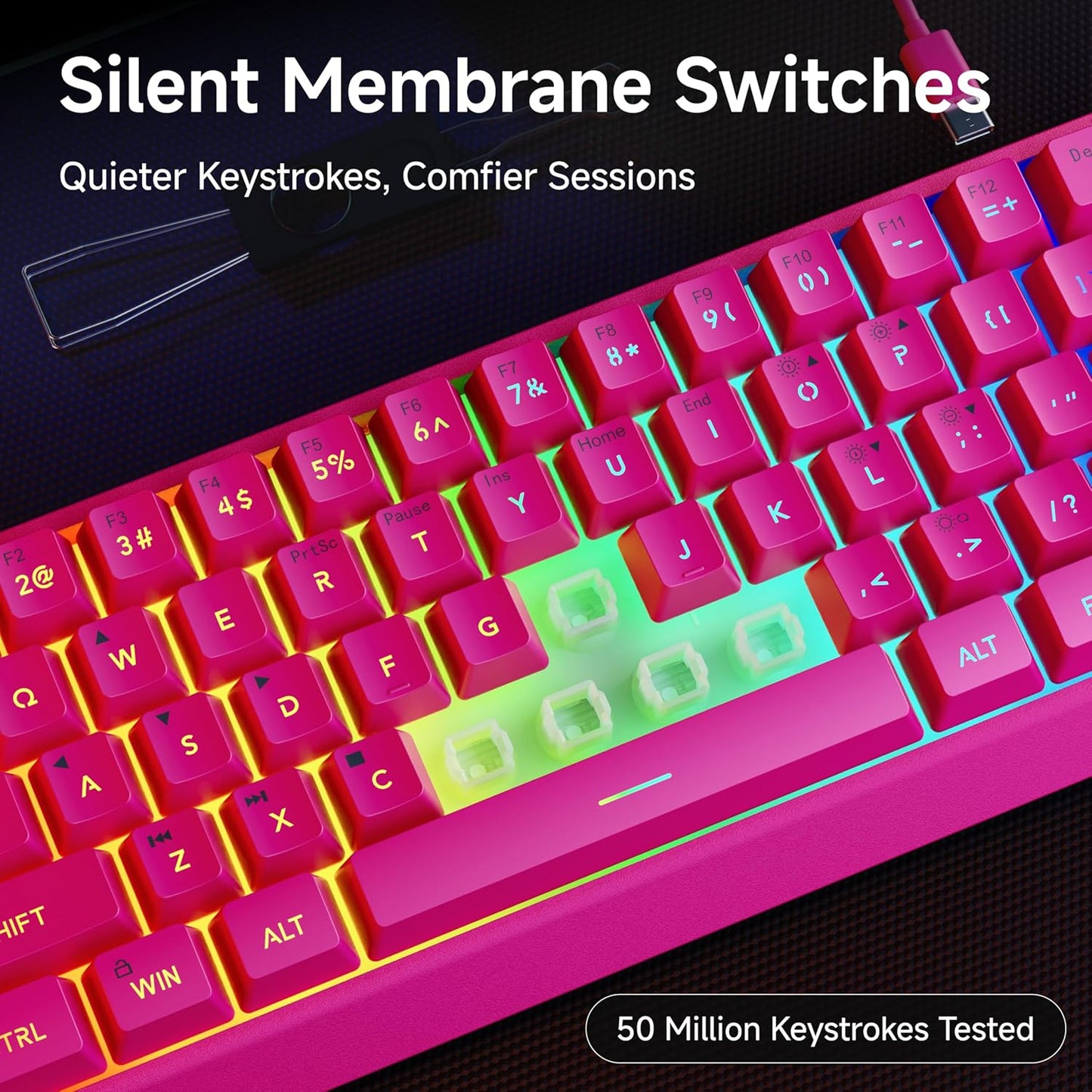 Teclado con cable al 60% | Retroiluminado RGB | Con teclas PBT | Diseño compacto | Con cable con cordón para Mac/Win | Color: Fucsia