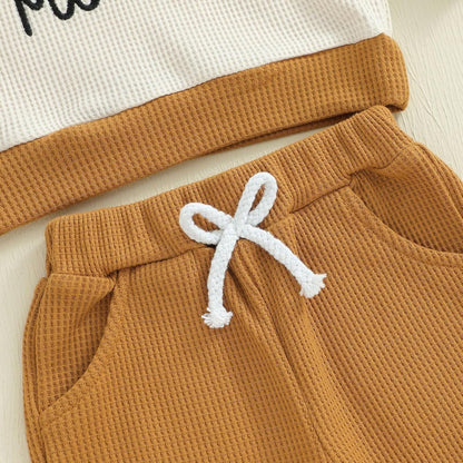 Conjunto de 2 piezas de ropa para bebé y niño, sudadera con cuello redondo con letras y pantalones casuales de otoño e invierno