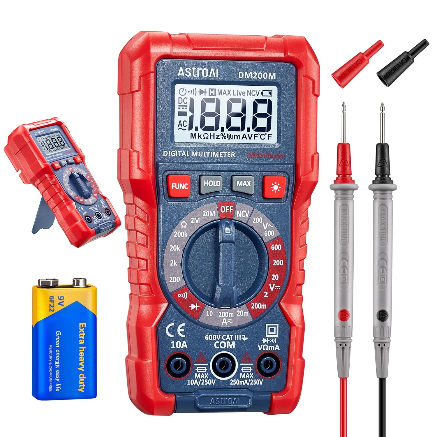 Multímetro Digital Tester de Voltaje – TRMS 2000 Cuentas, Medición Rápida y Precisa de Voltaje/ Corriente AC/DC, Resistencia, Diodos, Continuidad y NCV – Portátil (DM200M)