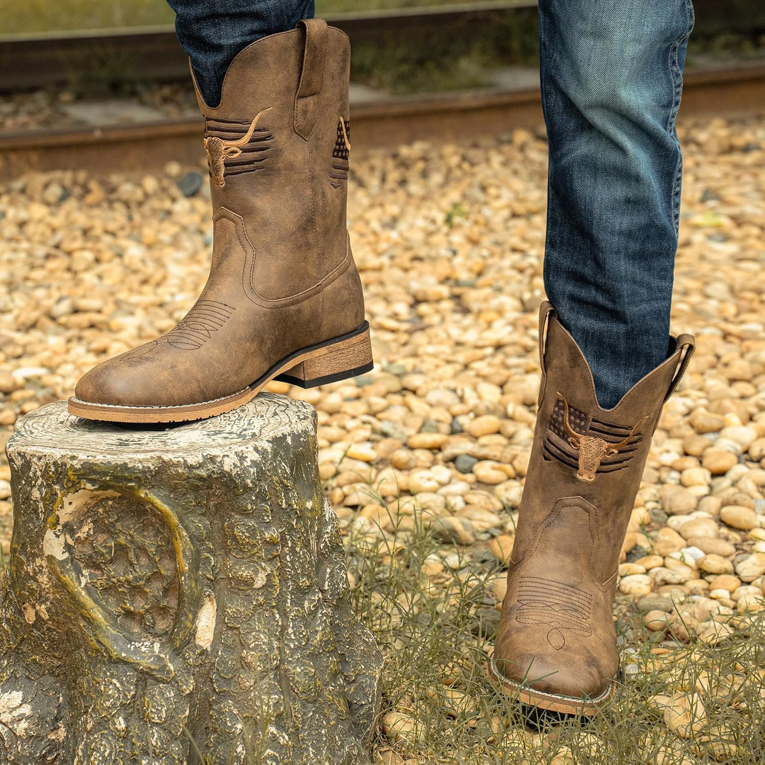 Botas vaqueras toro con punta cuadrada | Botas patriotas de cuero genuino con bordado clásico