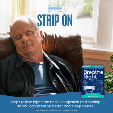 Breathe Right Tiras Nasales Extra Fuerza Clear | Para Piel Sensible | Solución Natural Contra Ronquidos y Congestión Nasal | 44 Unidades