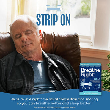 Breathe Right Tiras Nasales Originales Transparentes | 30 Unidades | Piel Sensible | Alivio de Congestión y Ronquidos | Drug-Free