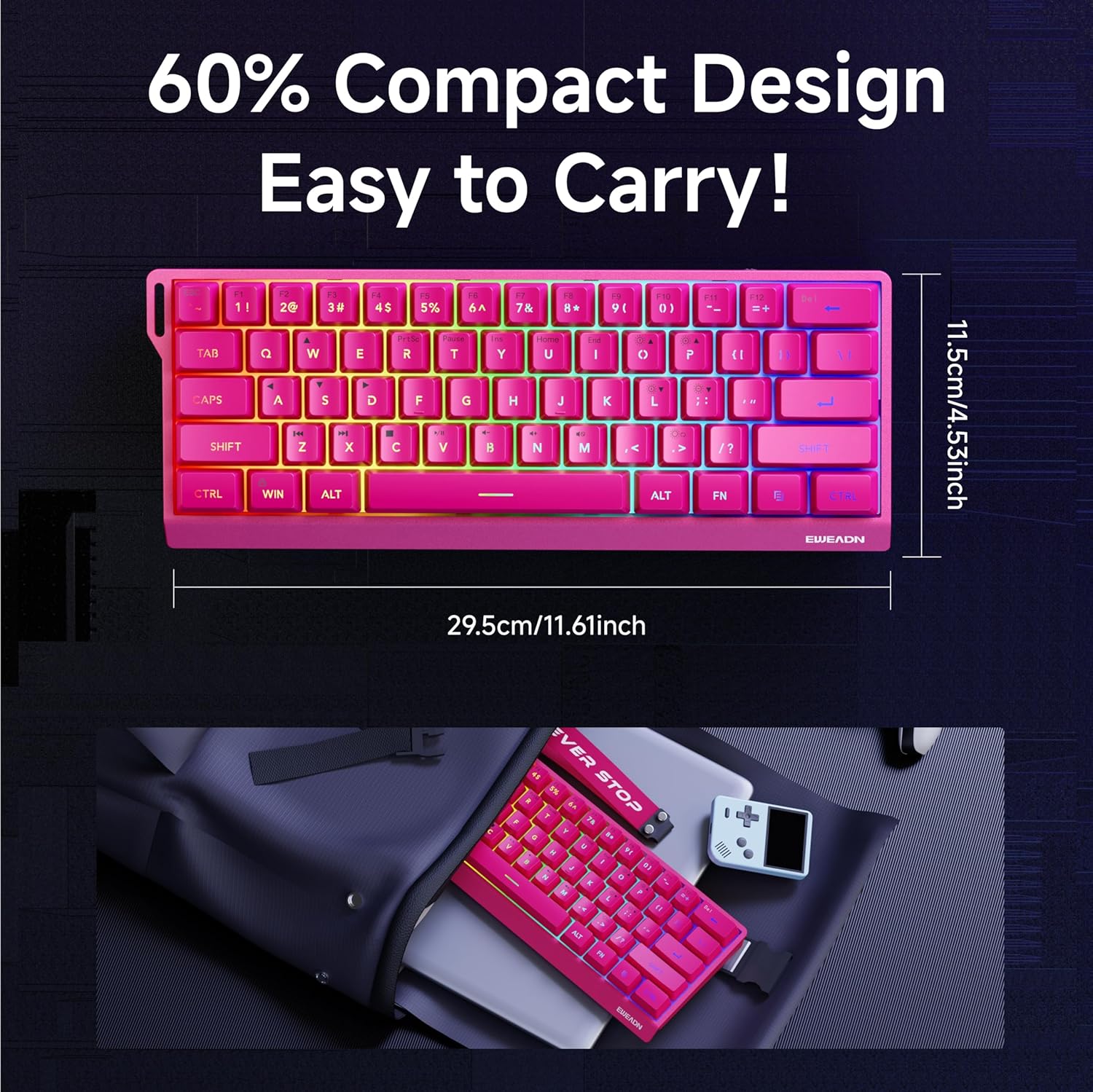 Teclado con cable al 60% | Retroiluminado RGB | Con teclas PBT | Diseño compacto | Con cable con cordón para Mac/Win | Color: Fucsia