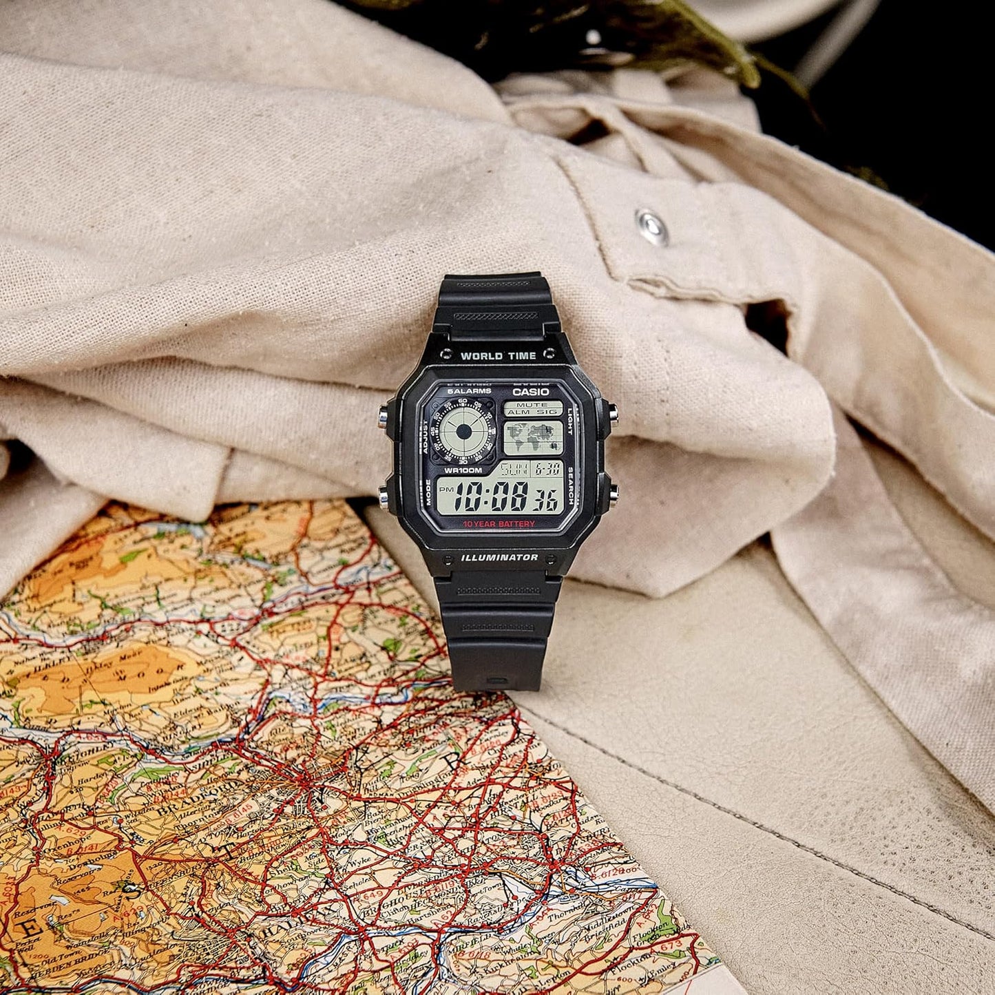 AE1200WH Series | Men’S Digital Watch | 100M WR | Multi Alarms | 100 SEC Stopwatch | Countdown Timer | World Map for World Time | LED Light | LC Analog Display | 10 Year Battery