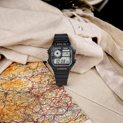AE1200WH Series | Men’S Digital Watch | 100M WR | Multi Alarms | 100 SEC Stopwatch | Countdown Timer | World Map for World Time | LED Light | LC Analog Display | 10 Year Battery