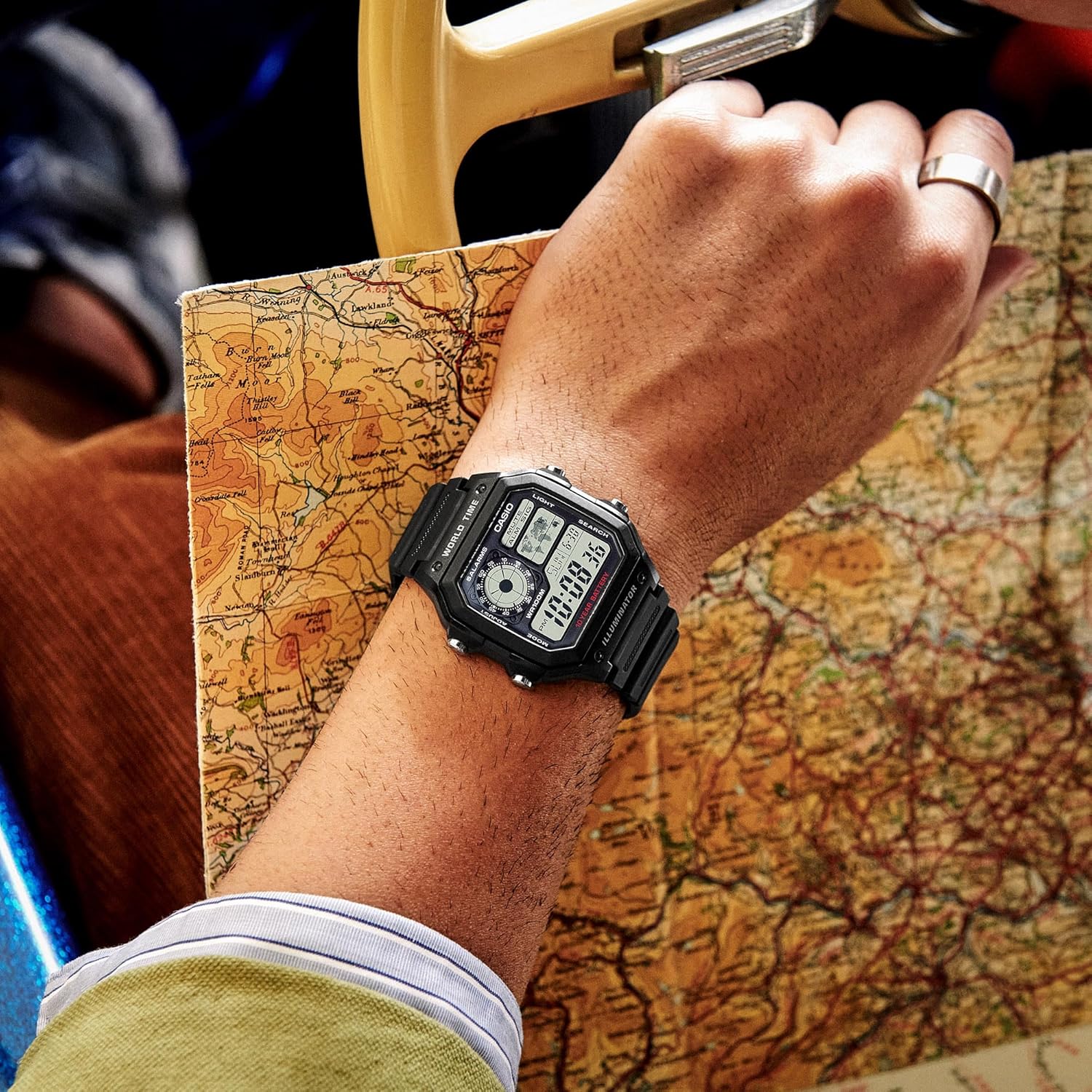 AE1200WH Series | Men’S Digital Watch | 100M WR | Multi Alarms | 100 SEC Stopwatch | Countdown Timer | World Map for World Time | LED Light | LC Analog Display | 10 Year Battery