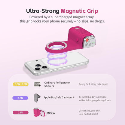 Accesorio para filmar | UGC | Compatible con iOS17 e iOS18 | Agarre magnético con control remoto | Color Fucsia