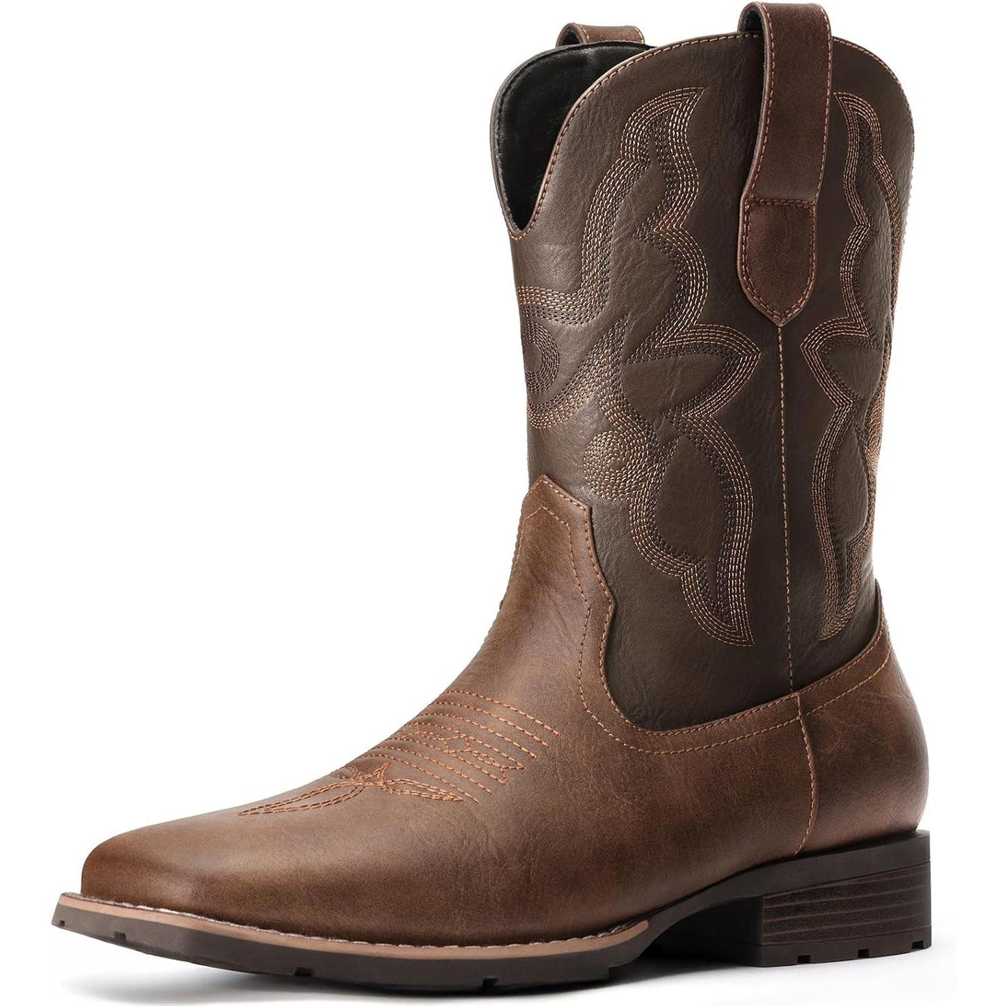 Botas vaqueras para hombre con punta cuadrada | Estilo antiguo del oeste bordado | Color: Marrón