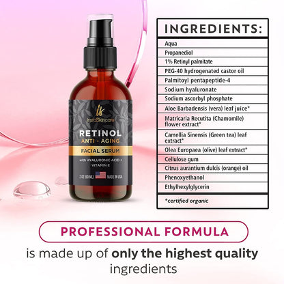 Serum de Retinol para el Rostro con Ácido Hialurónico, Vit A y E, y Aloe Vera – Anti Envejecimiento