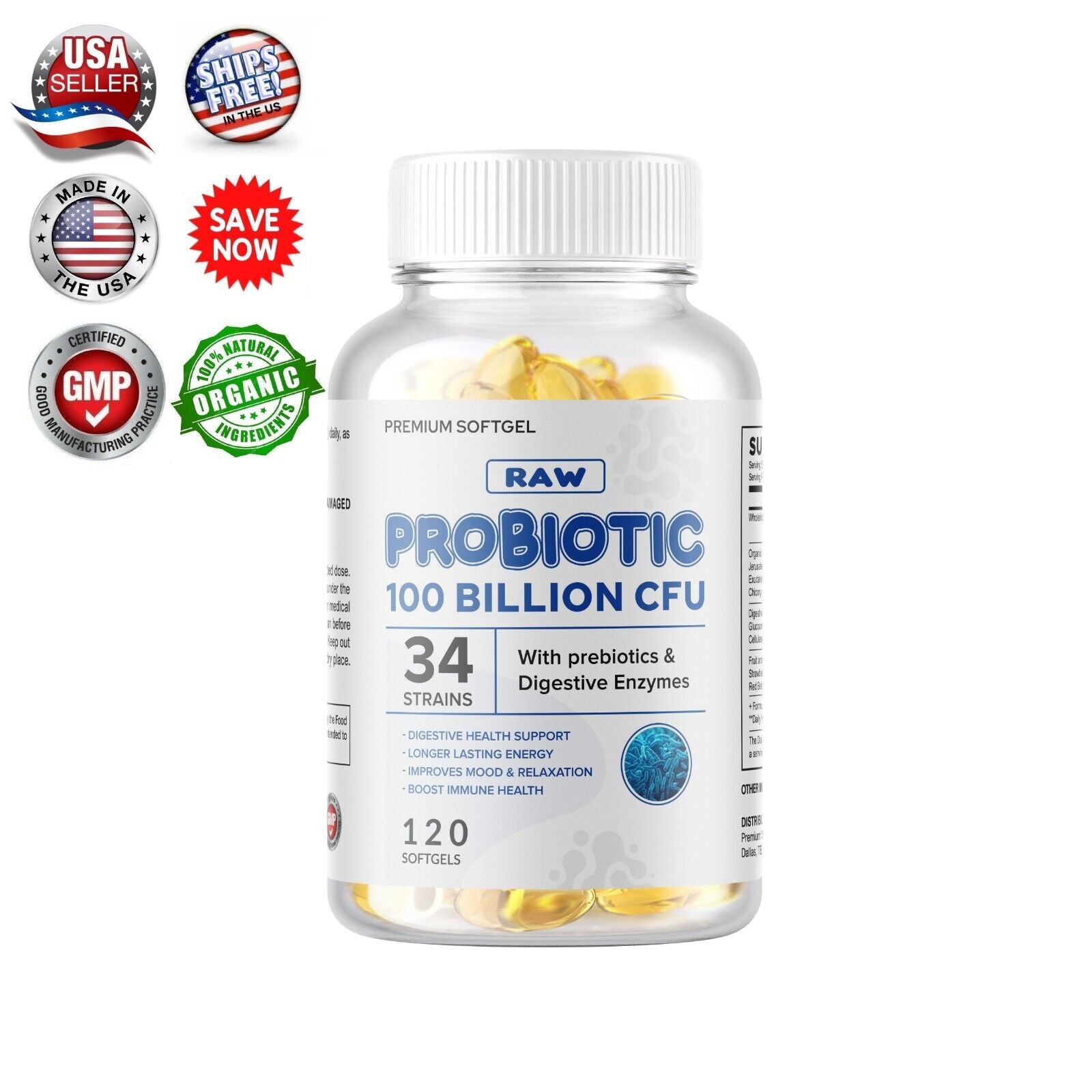 Raw Probiotics | 100 Mil Millones de UFC – 120 Cápsulas | Salud Digestiva e Inmunológica