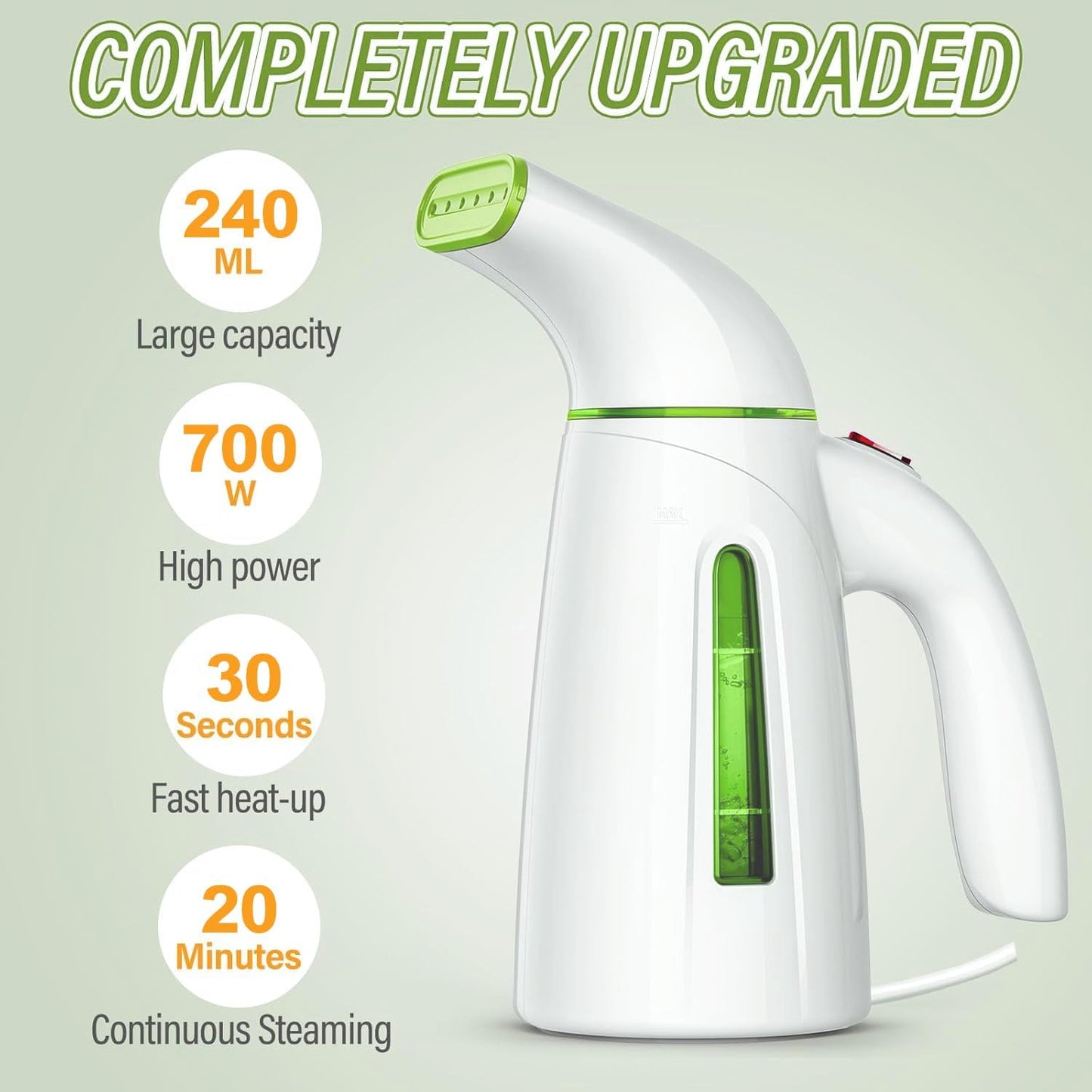 Vaporizador de Ropa 950 W | Depósito 300 ml (hasta 20 min de vapor) | Calienta en 30 s | Panel Acero Inoxidable 304 | Cable 9 ft / 2.7 m | Portátil de viaje | Solo 120 V