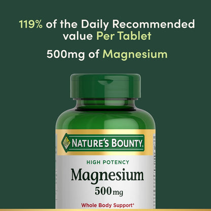 Magnesio 500 mg – 200 Tabletas | Nature’s Bounty | Salud Ósea y Muscular | Tabletas Recubiertas de Fácil Deglución | Sin Gluten