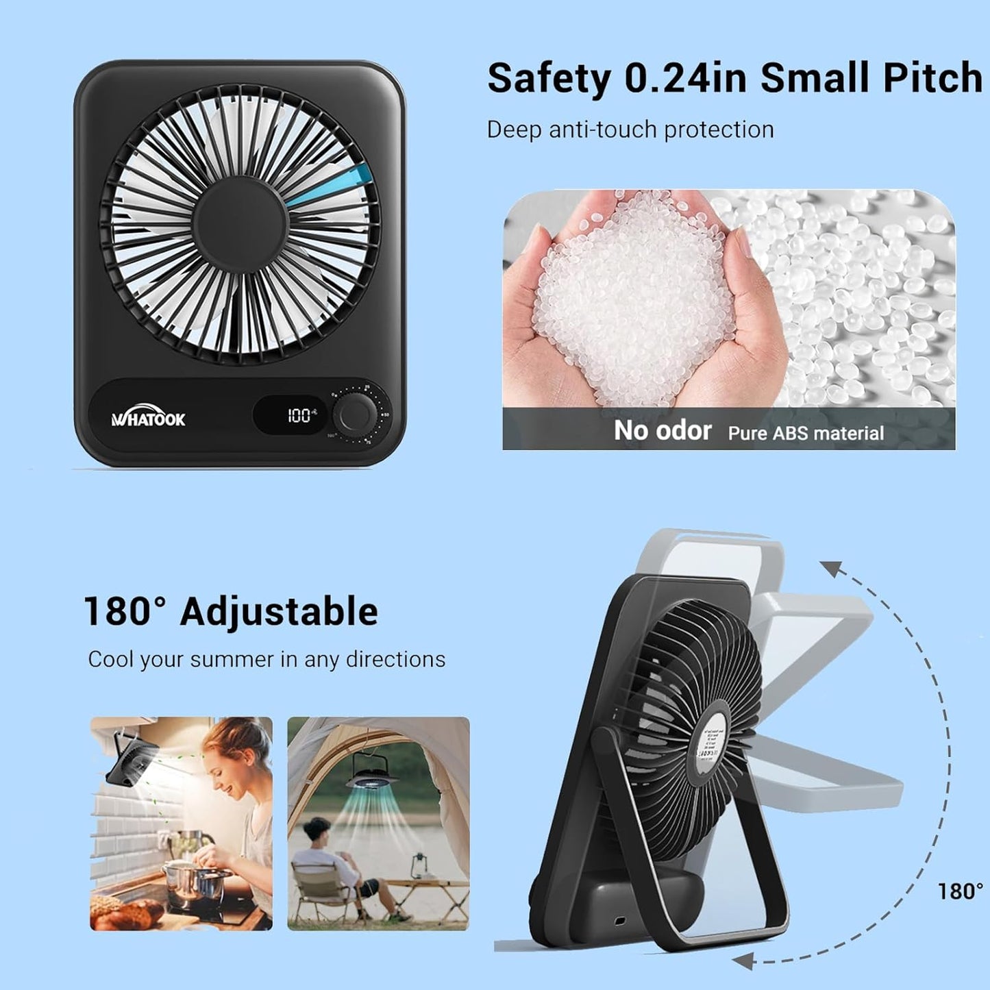 WHATOOK Small Desk Fan 2 Pack: 5000Mah 25 Hours Battery Office Quiet Mini Desktop Fan Portable Rechargeable Travel Essentials(Black and Black)