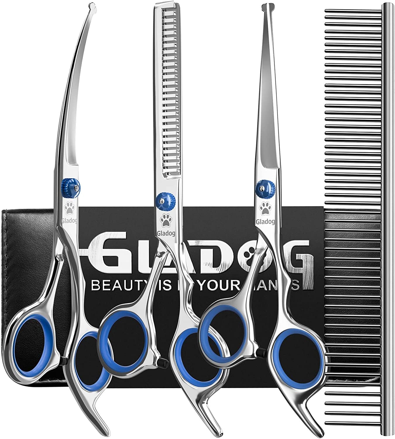 GLADOG Kit Tijeras de Grooming 5 en 1 para Perros y Gatos | Tijeras de Acero Inoxidable con Puntas Redondeadas + Peine y Estuche
