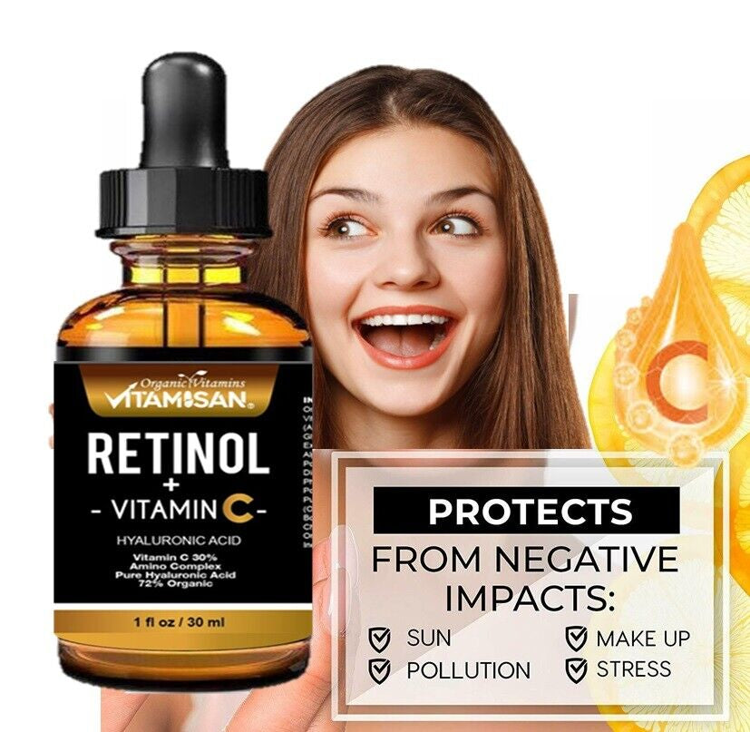 Serum Facial Antiage Vit C 30% + Retinol 5% + Ácido Hialurónico + Vit E – 30 ml | VITAMISAN®