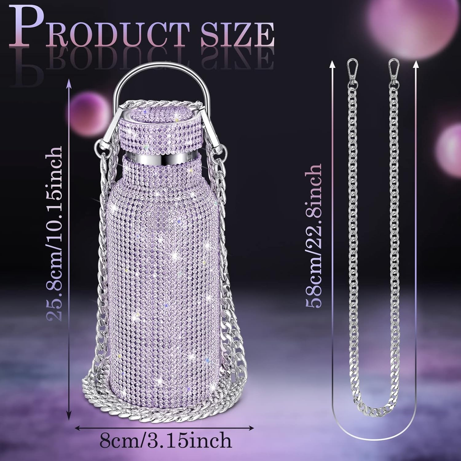 Botella térmica con diamantes de imitación con tapa | 750 ml | Aislado de acero inoxidable con diamantes de imitación de primera calidad | Color: Morado