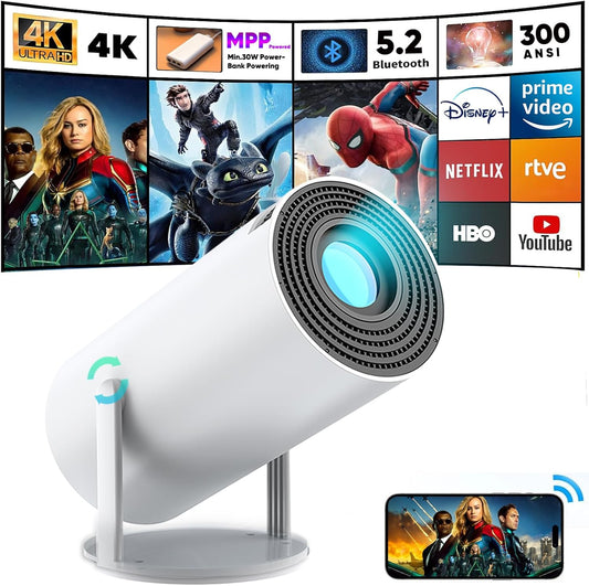 Mini Proyector Android 300 ANSI con Wi-Fi 6 y BT 5.2, Auto Keystone, USB-C (Power Bank ≥30 W), Soporta 1080p/4K, Rotación 180° – EGOBAS