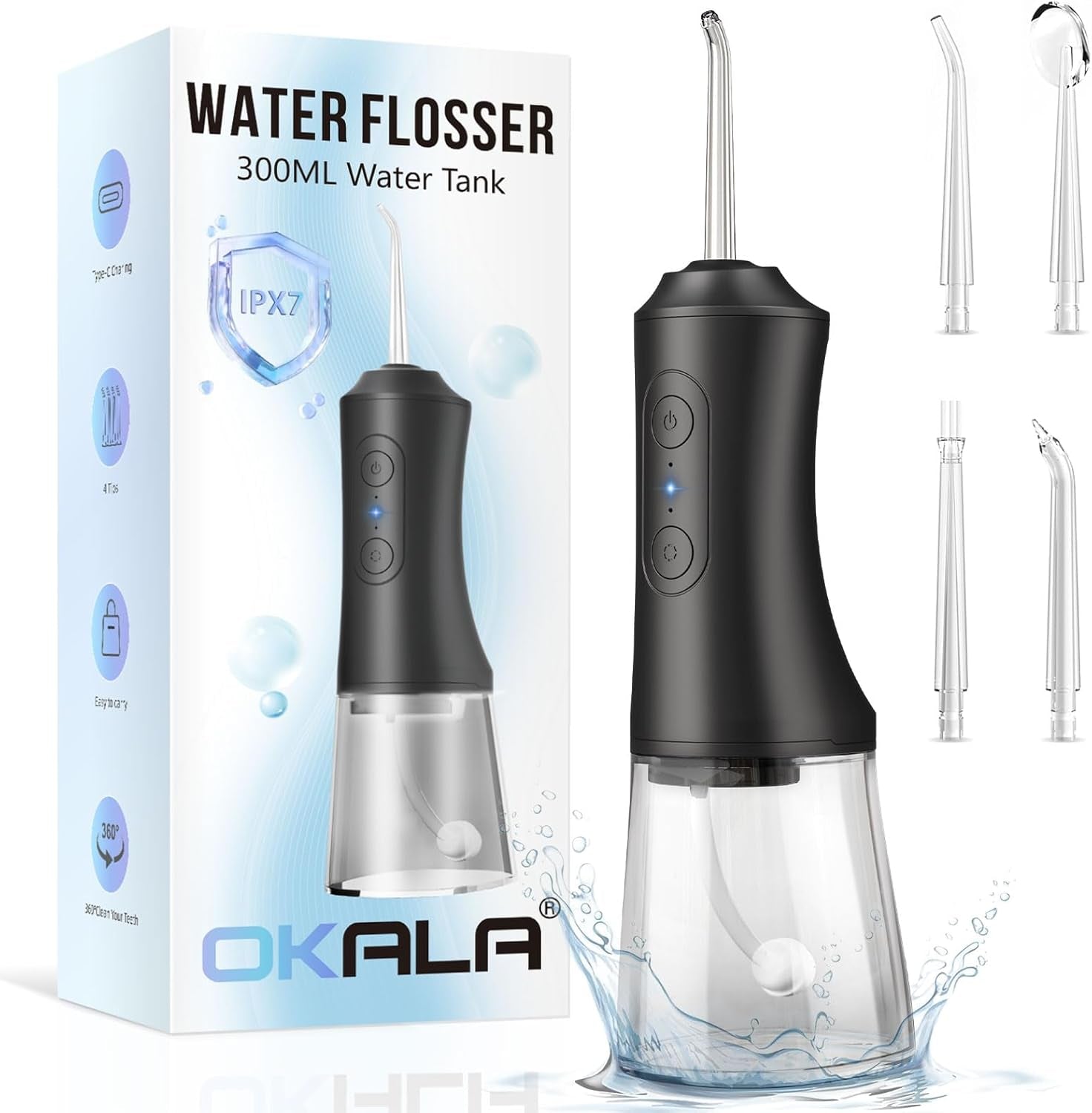 Irrigador Dental Portátil 300ML | Water Flosser Recargable IPX7 | Limpieza Profunda, 3 Modos, 45 Días de Batería | Uso en Casa y Viaje