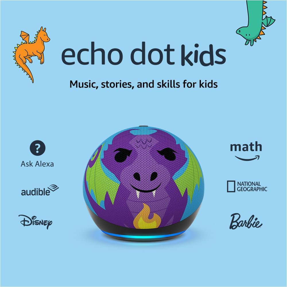 Echo Dot Kids with Alexa (Newest Model), Designed for Kids, with Parental Controls, Includes 1 Year of  Kids+, Dragon
