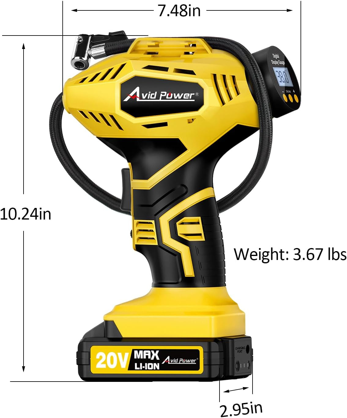 Inflador Portátil Inalámbrico de Neumáticos Avid Power 20V con Batería Recargable + Adaptador 12V DC, Compresor de Aire Digital con Luz LED y Apagado Automático
