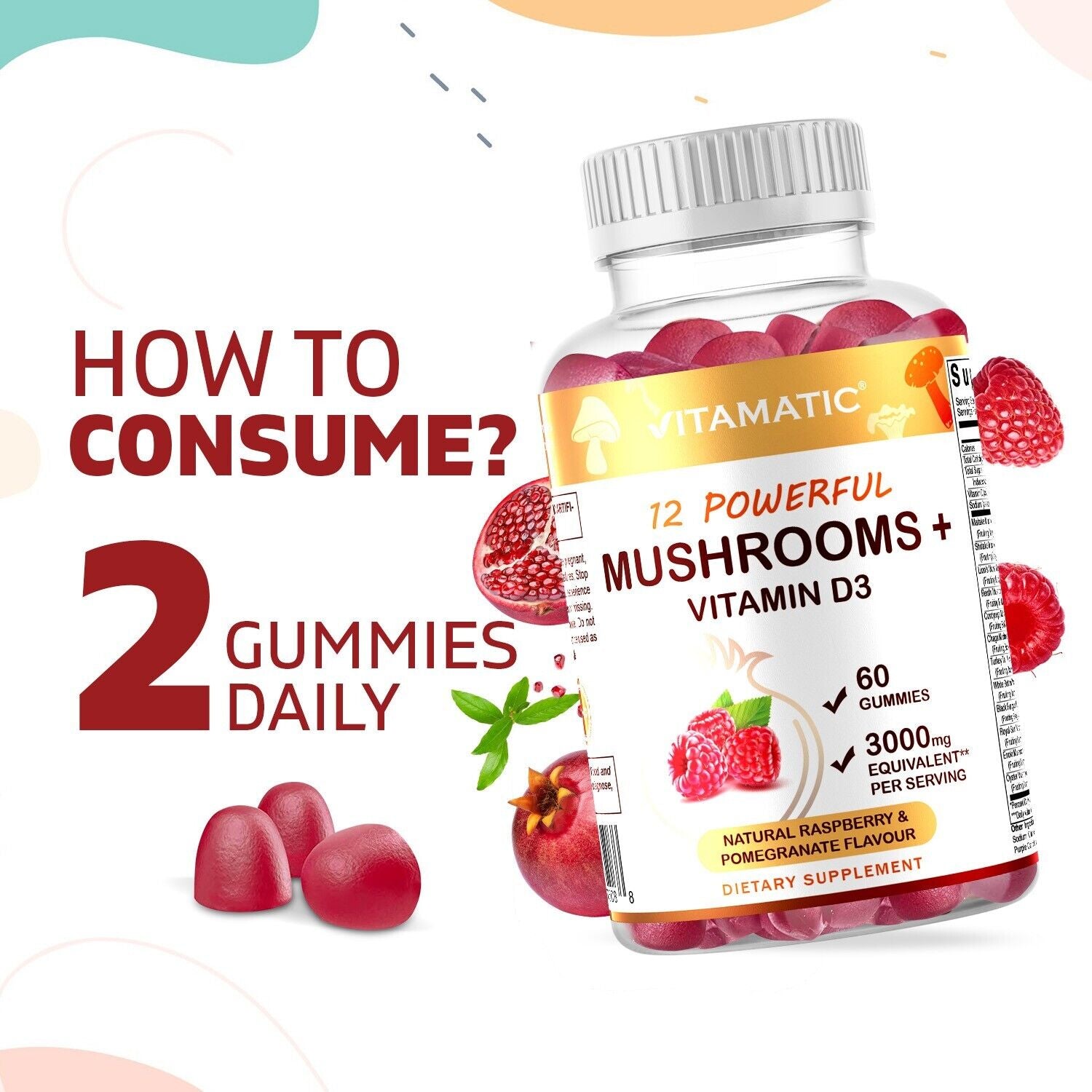 Vitamatic Gomitas Complejo de Hongos con Vitamina D3 – 3000 mg por porción | 60 gomitas