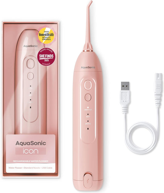 Irrigador Dental Portátil Icon – Flosser Eléctrico Recargable Inalámbrico, Resistente al Agua con 3 Modos, Punta de Chorro y Batería de Larga Duración – Ideal para Viajes, Brackets y Salud de Encías – Color Blush