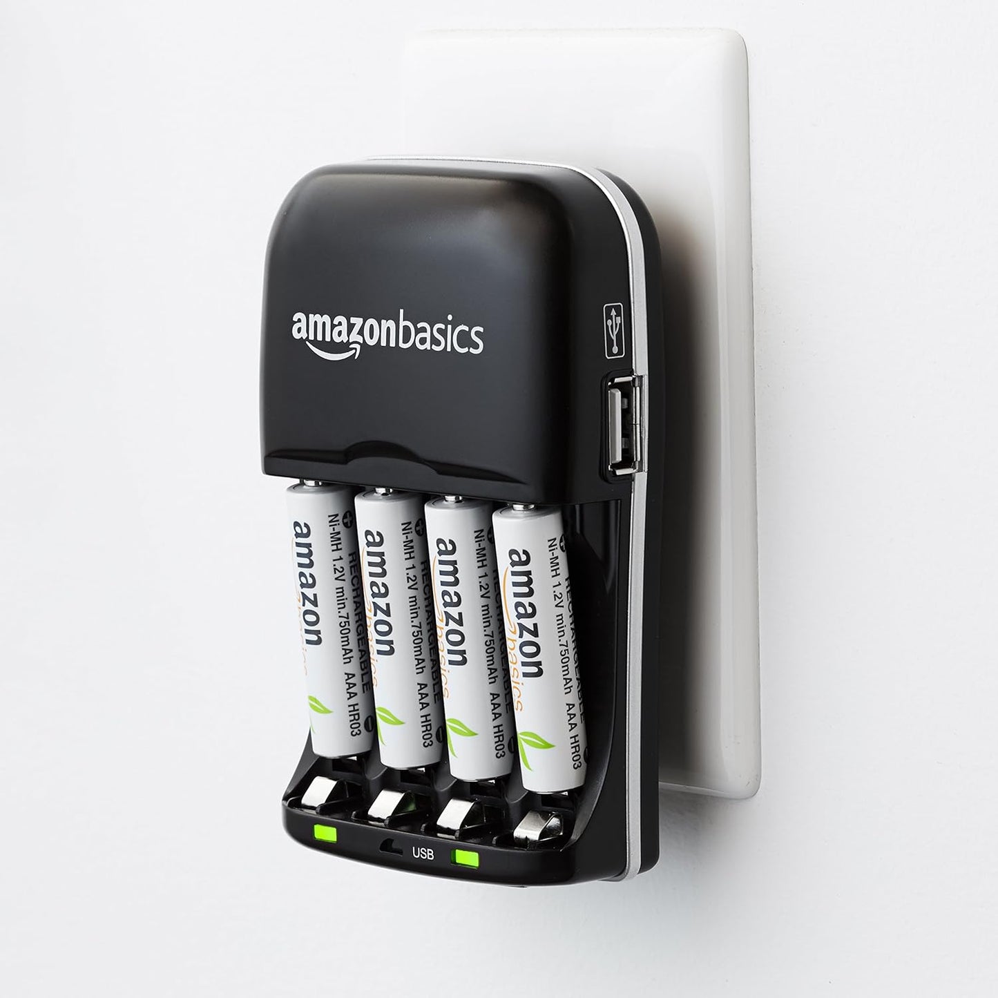 Cargador de Pilas Recargables AA/AAA Ni-MH con Puerto USB – 100–240 V, Enchufe Plegable, Negro